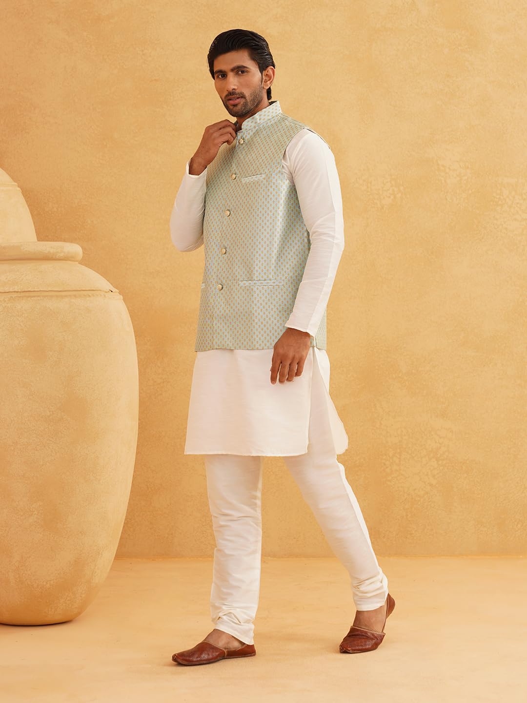 Sojanya (Since 1958 Men's Silk Blend Cream Kurta Pyjama & Sea Green Self Design Nehru Jacket Combo