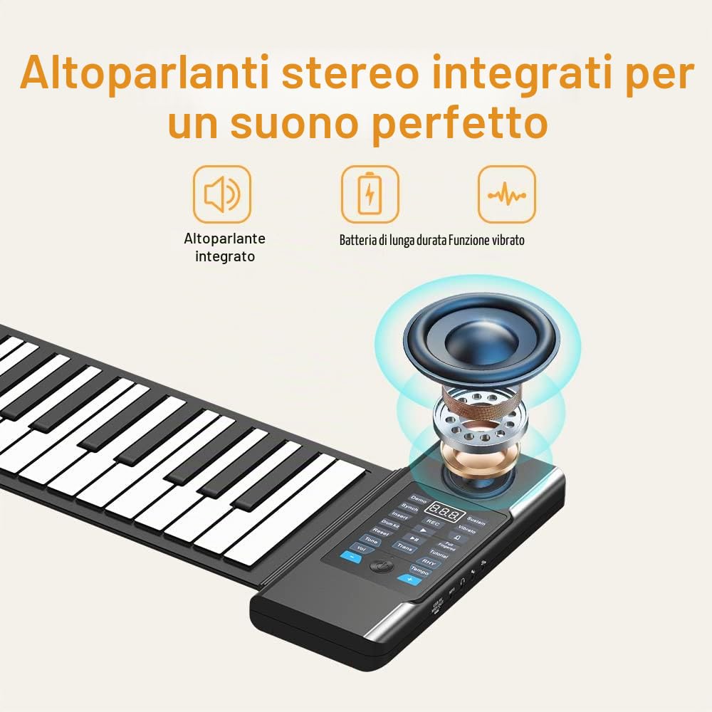 Pianoforte arrotolabile in silicone a 88 tasti, tastiera portatile ricaricabile con 128 toni e 128 ritmi, USB-MIDI, ingresso MP3 e jack per cuffie, ideale per principianti, pratica domestica e