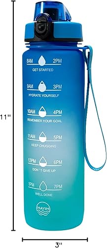 Miniatura 7 de Mayim Botella de agua motivacional de 32 onzas con marcador de tiempo, popote abatible y tapa para beber (2 tapas), botella de agua deportiva sin