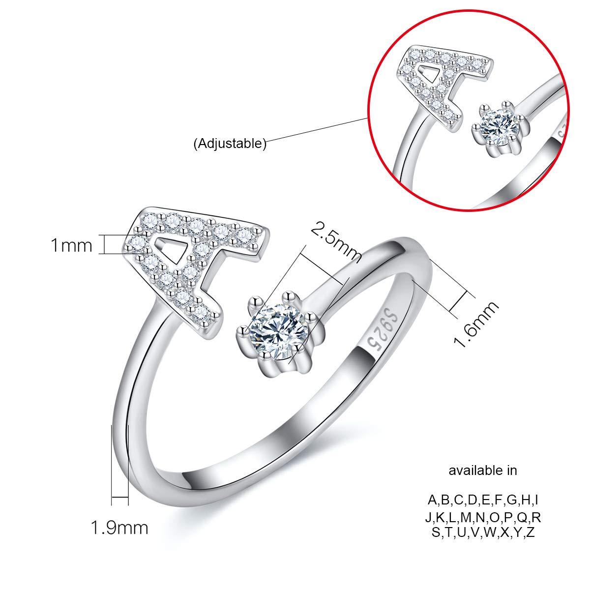 CRYSLOVE Anello da Donna Iniziale in Argento 925 Dalla A Alla Z di Anello Aperto Regolabile Lettera Captiale Argento,Regalo di Compleanno per la Festa Della Mamma
