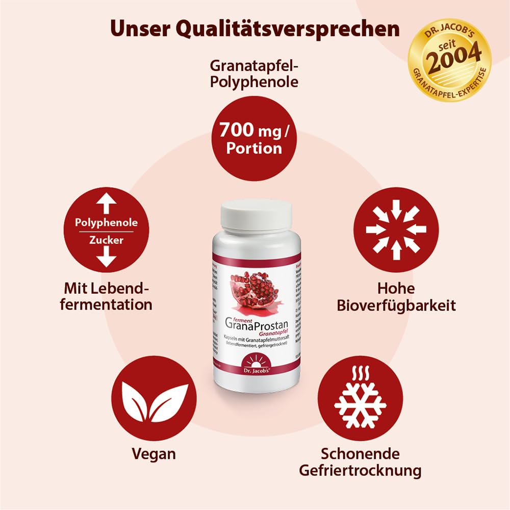 Dr. Jacob's Granaprostan ferment I Granatapfel-Kapseln I bioverfügbar | Mit Granatapfelmuttersaft-Extrakt I hoher Gehalt an Polyphenolen I lebend fermentiert, gefriergetrocknet I 100 Kapseln