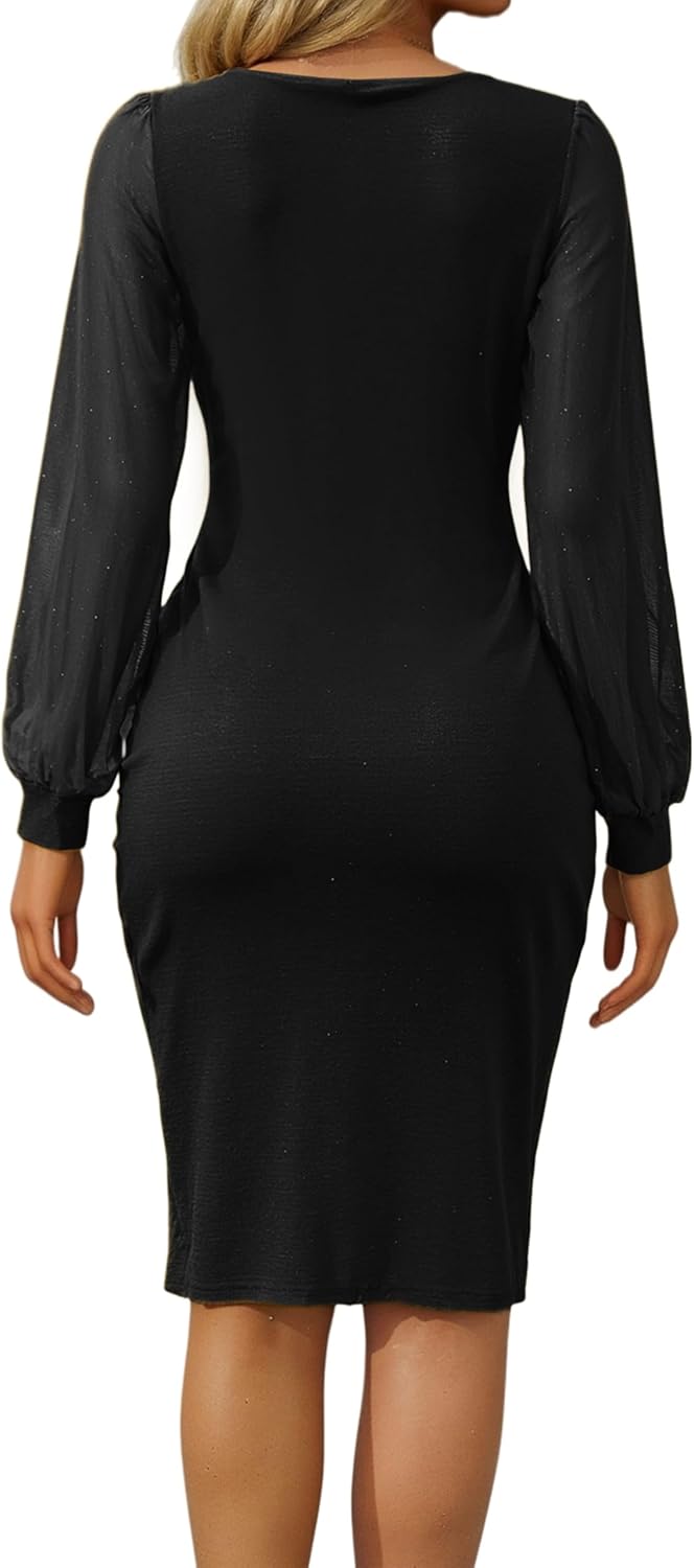 Women's Sexy V-Neck Mesh Long Sleeve Bodycon Midi Dress - Image 4