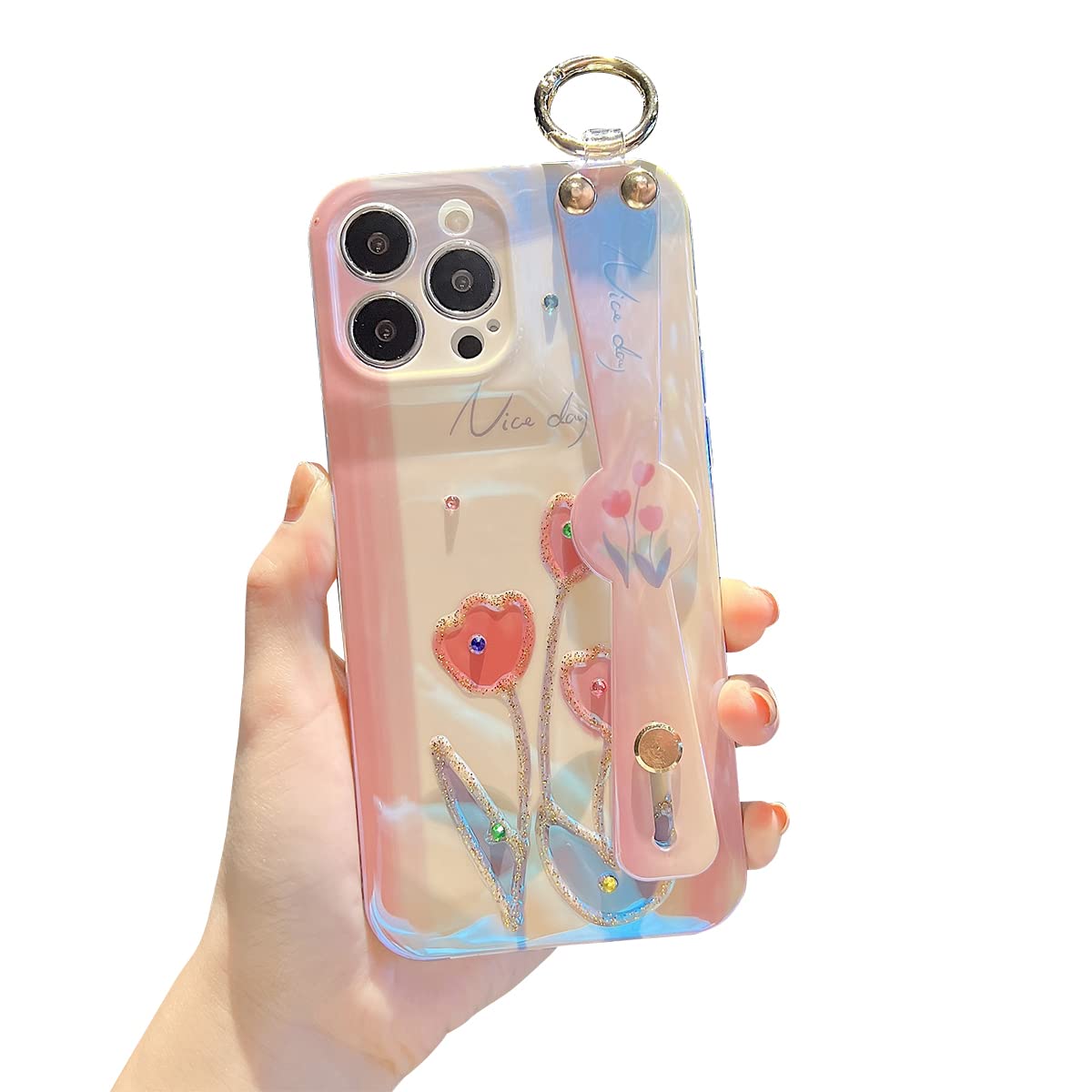 LastmaiPhone 13 Pro Case Cute with Wrist Strap Kickstand Glitter Bling Cartoon IMD Soft TPU Shockproof Protective Cases Cover for Girls and Women - Tulipa