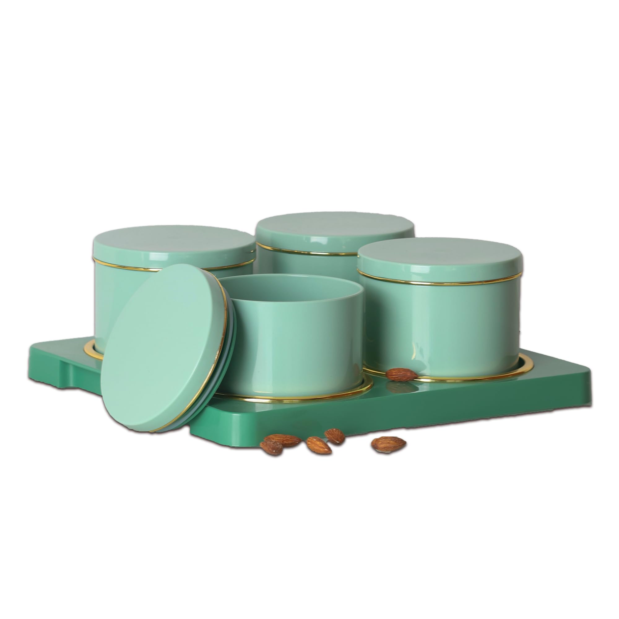 SELVEL Giving shape to life! Dune Airtight Dry Fruit Container Tray Set - 4 Pieces (450ml) Polypropylene with Subtle Gold Rim (Flash Green)