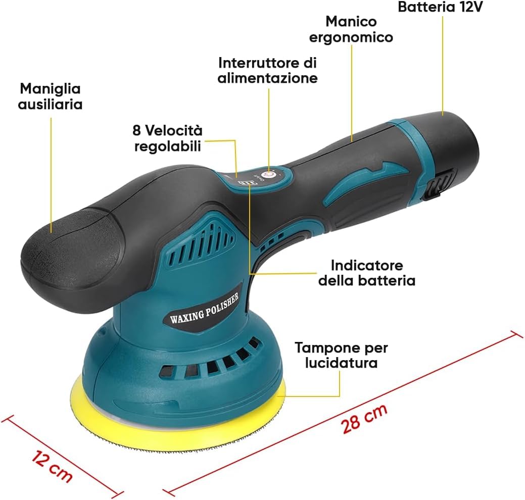 Lucidatrice per Auto a Batteria 24V 380W – Lucidatrice Rotorbitale Professionale con 2 Batterie, 8 Velocità, Kit Completo con Tamponi per Lucidatura, Levigatura e Ceratura