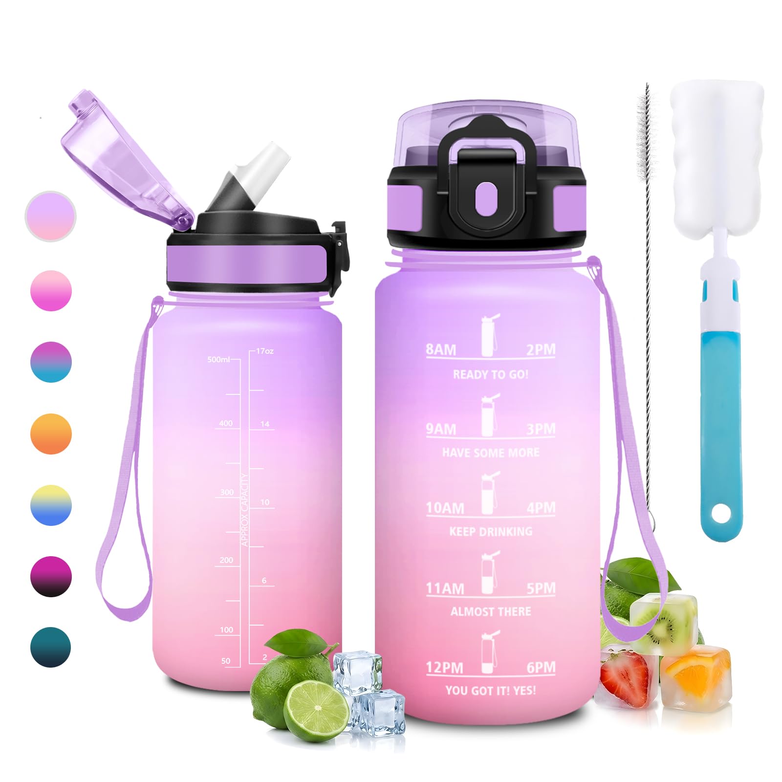 JAPORIA 500ml Water Bottle Reusable Water Bottle with Straw BPA Free Leak Proof Water Bottles with Time Markers for School, Office, Camping