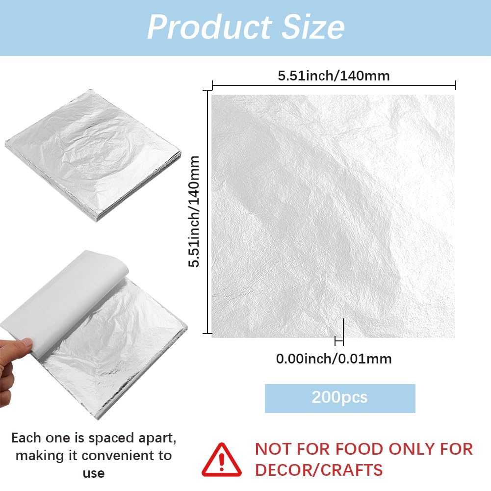 Beebeecraft 200 lámina de Pan de Plata para Arte Papel de Aluminio Láminas de Pan de Aluminio para Arte Pincel de Dorado Papel Fino para Manualidades Pintura Dorado Decoración de Muebles Fabricación
