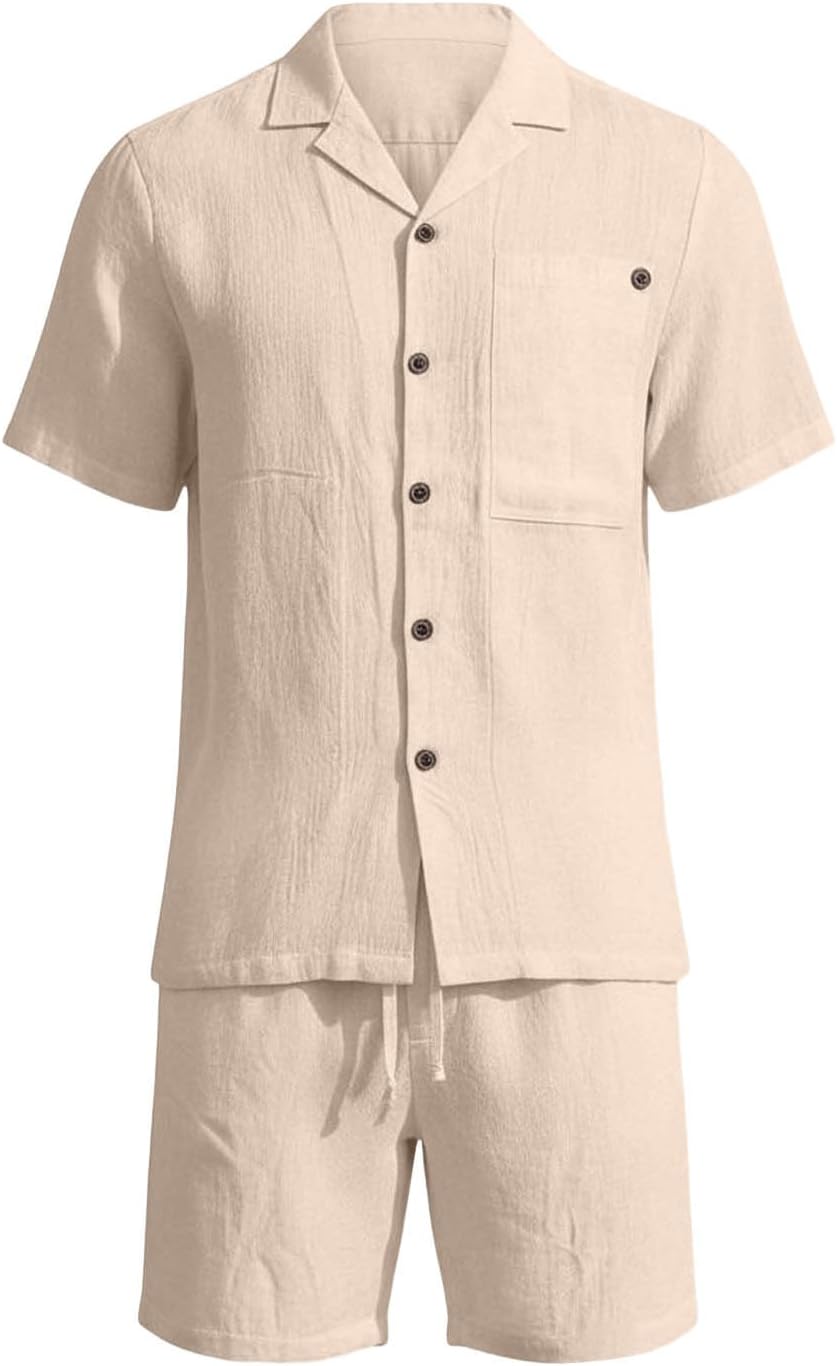 Mens Turndown Collar Shirts and Shorts 2 Piece Outfits Beach Set | Two Piece Hawaiian Sets for Men, Button Down Shirt with Drawstring Shorts Vacation Outfit 2026 Tracksuit