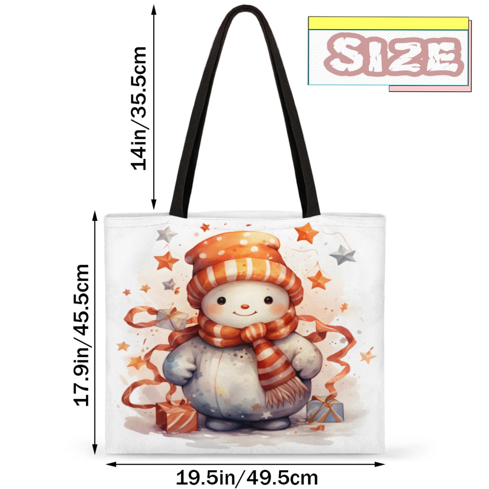 Mularoka Cute Cartoon Watercolour Snowman Square Canvas Tote Bag Top Handle Purses Stylish Women Canvas Shoulder Tote Bags Reusable Handbags for Work Travel Picnic Beach Shopping Gym Hiking