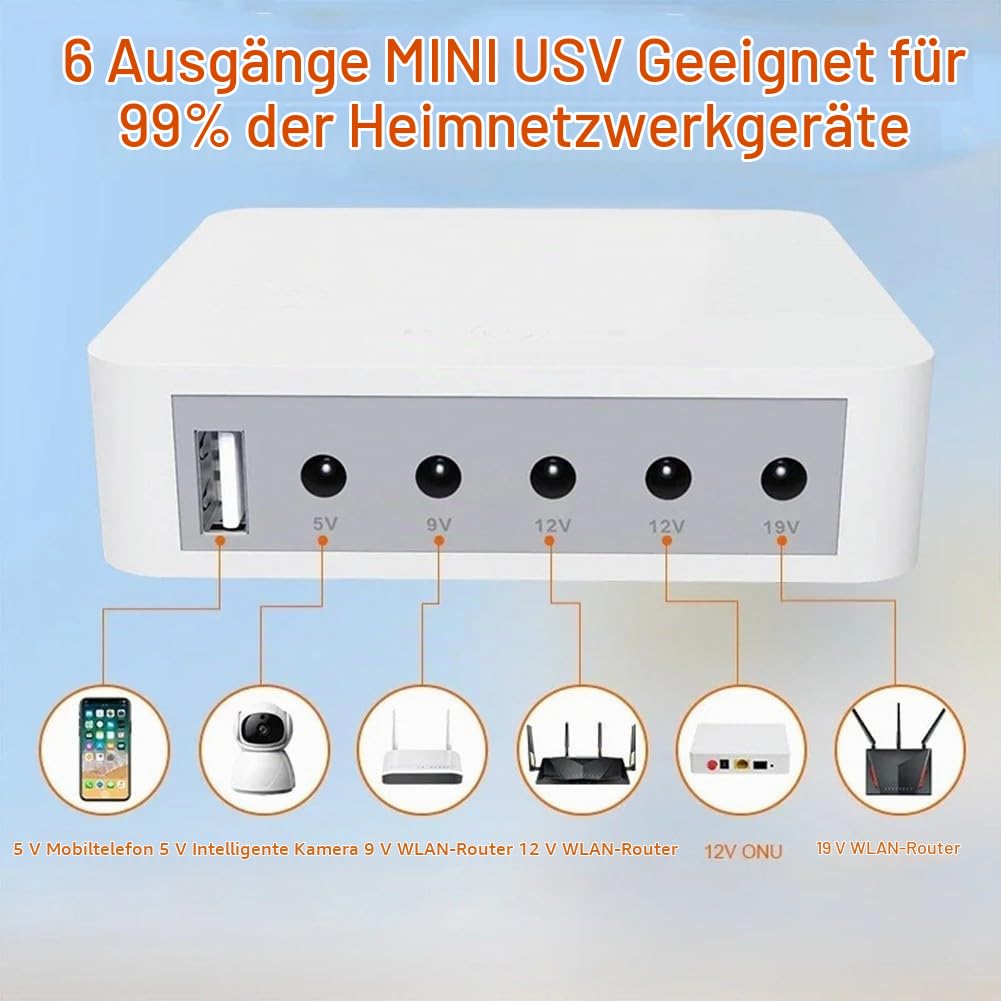 Mini UPS Backup Akku 13200mAh Kompakt Mehrfach DC Ausgang 5V 9V 12V 19V Dual-Gerät Leistung Li-Ion Tragbar Weiß Überlastschutz Für Router Sicherheitssystem Kamera Reise Büro