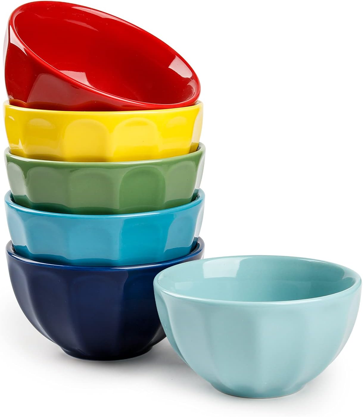KitchenTour Porcelain Fluted Colorful Bowls Set - 10 Ounces Dishwasher Microwave Safe Bowls for Cereal, Soup, Salad, Pasta, Dessert - Set of 6