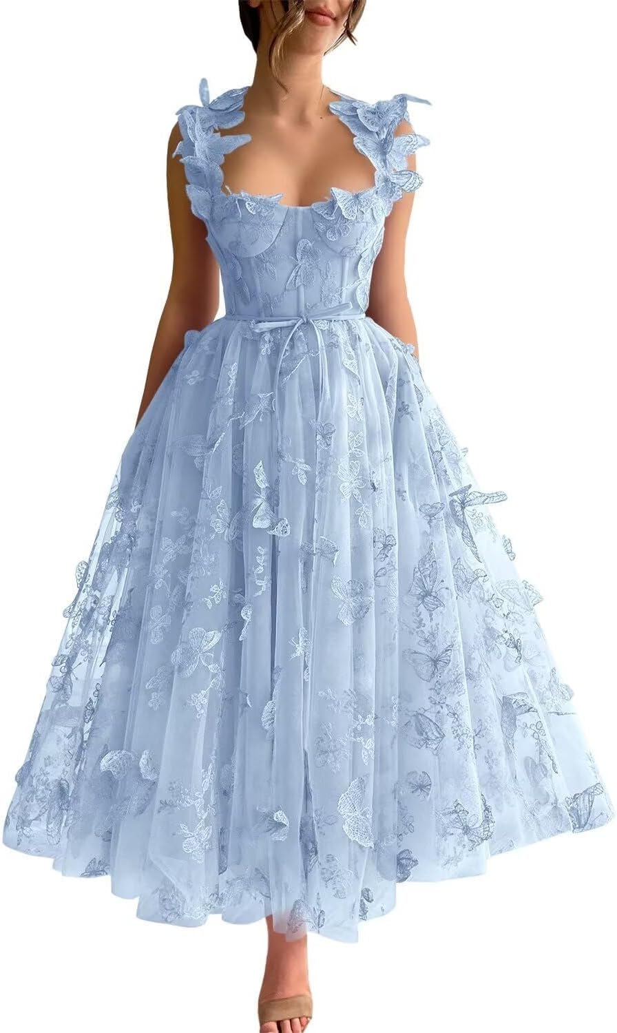 Tulle 3D Butterflies Prom Dresses for Teens Embroidered Spaghetti Strap Evening Party Gowns with Pocket