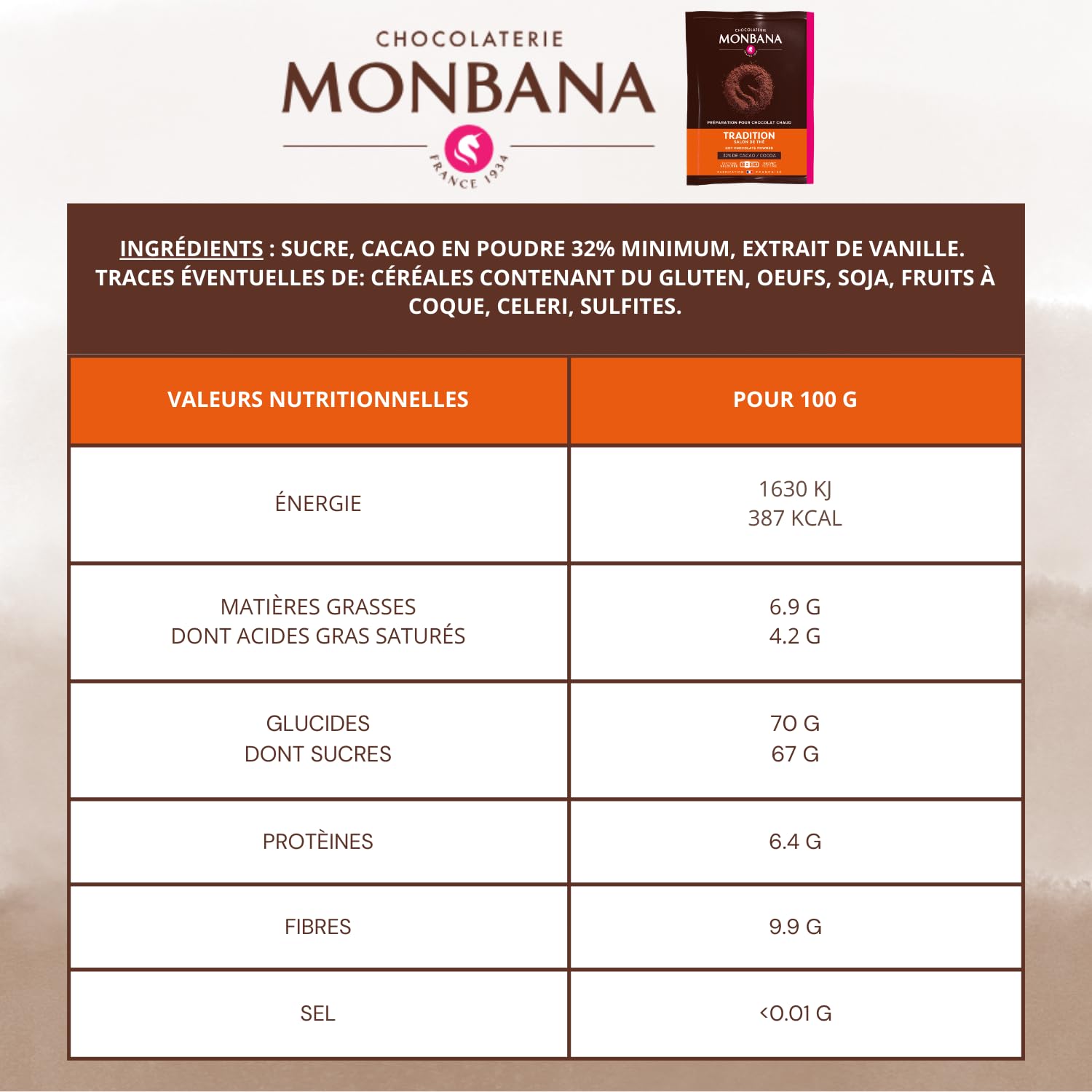 MONBANA | 50 sachets de chocolat TRADITION - SALON DE THÉ | Doses individuelles de 20 g de chocolat en poudre à déguster tout au long de la journée