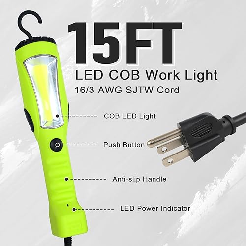 Miniatura 2 de EP Luz de trabajo LED de 15 pies, luz LED COB de 1200 lúmenes, cable de extensión SJTW de calibre 16 para interiores y exteriores, portátil, base