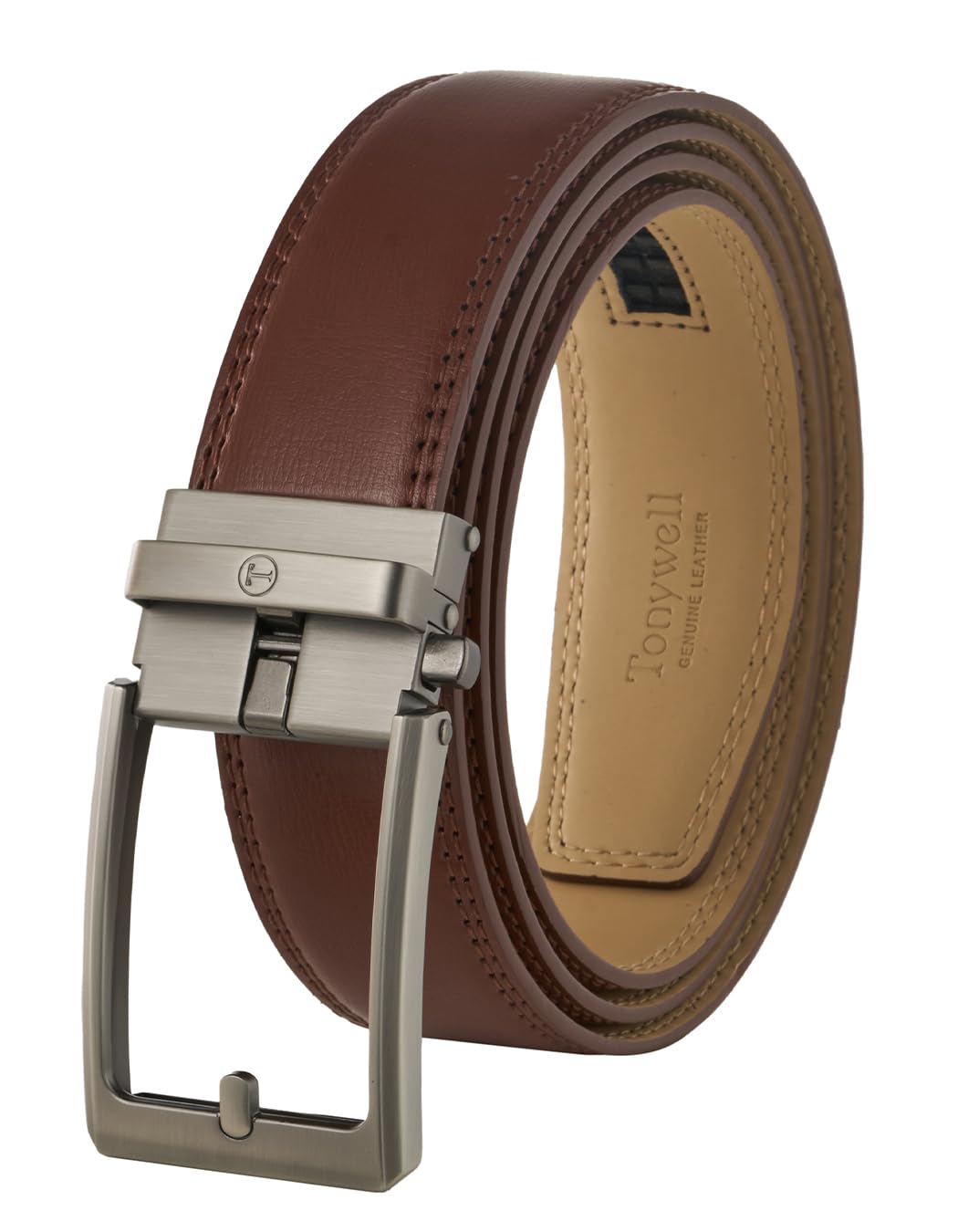 Tonywell Men's Leather Ratchet Belt, 1 3/8" Adjustable Dress Belt, Trim to Fit