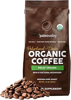 Paleovalley Organic Ground Coffee, 10oz - Decaf, Low Acid, Single-Origin, Polyphenol-Rich, Infused with Mushrooms