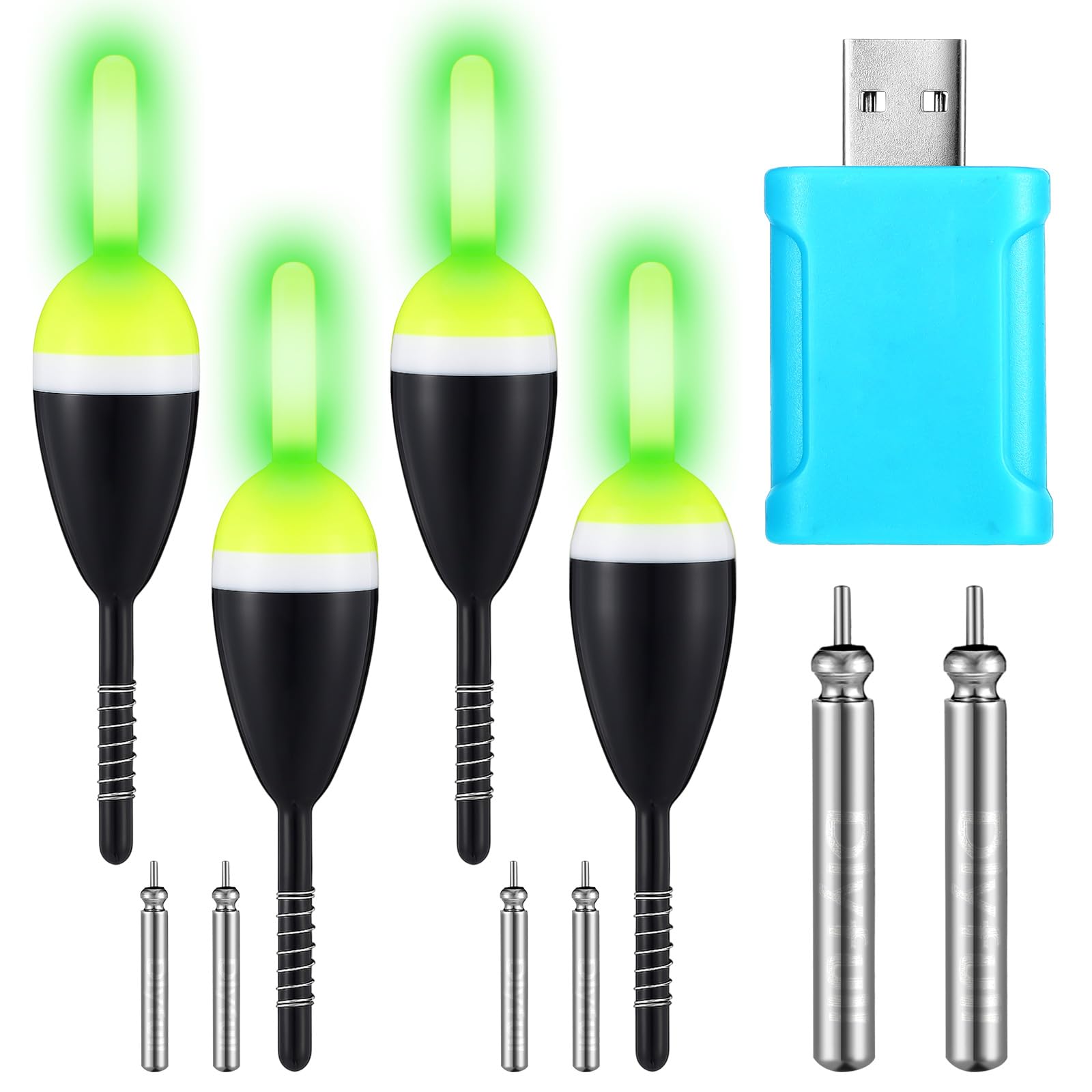 4 Pcs Lighted Slip Bobbers Fishing Floats Weights Glow in The Dark Spring Bobber with Light Tail with 6 Battery & 1 Battery Charger for Crappie Walleyes Night Fishing