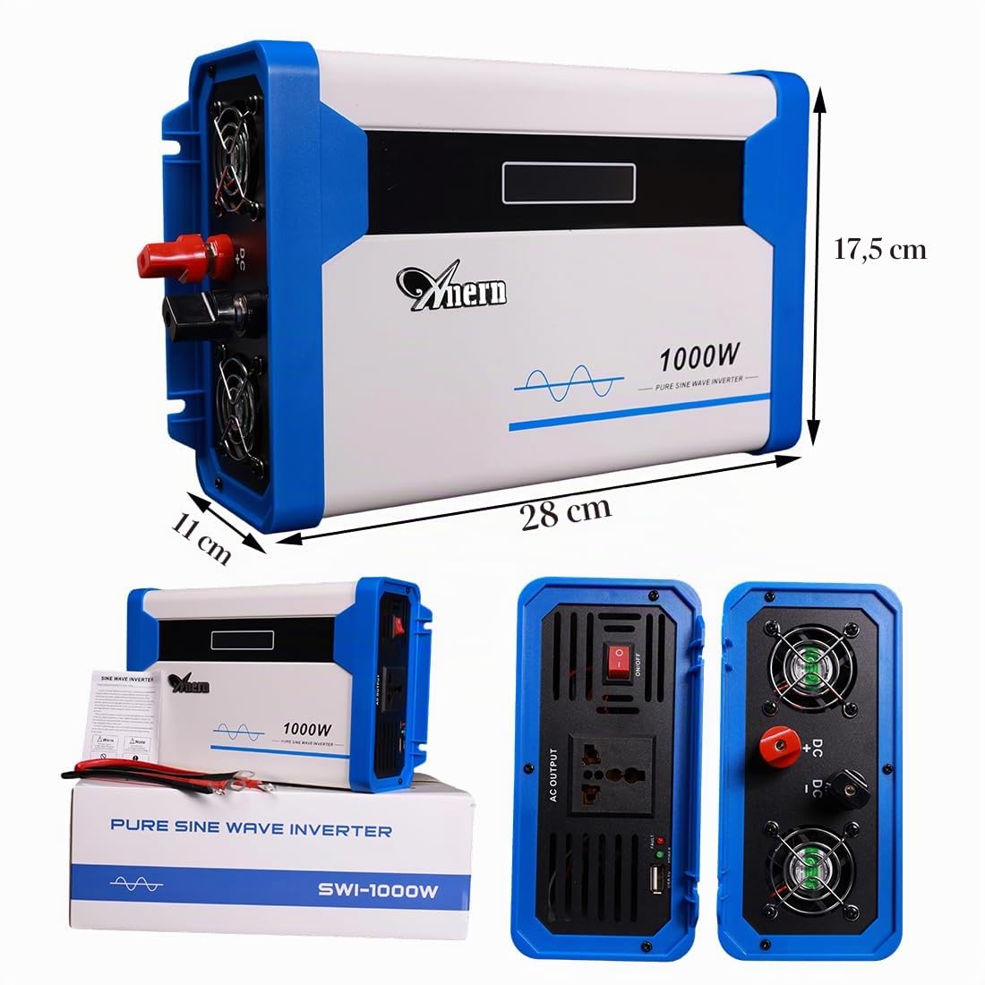 Anern Convertidor 1000W Inversor de Corriente para Coche DC 12V a AC 220V Onda Senoidal Pura Inversor de Coche con Pantalla LED y Puerto USB de 5V para Cargar Viajar Camping