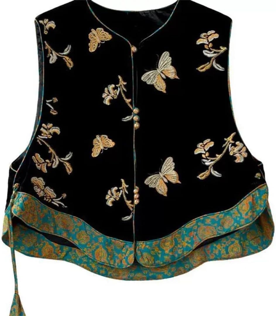Women's ethnic style embroidered velvet black double-layered hem vest