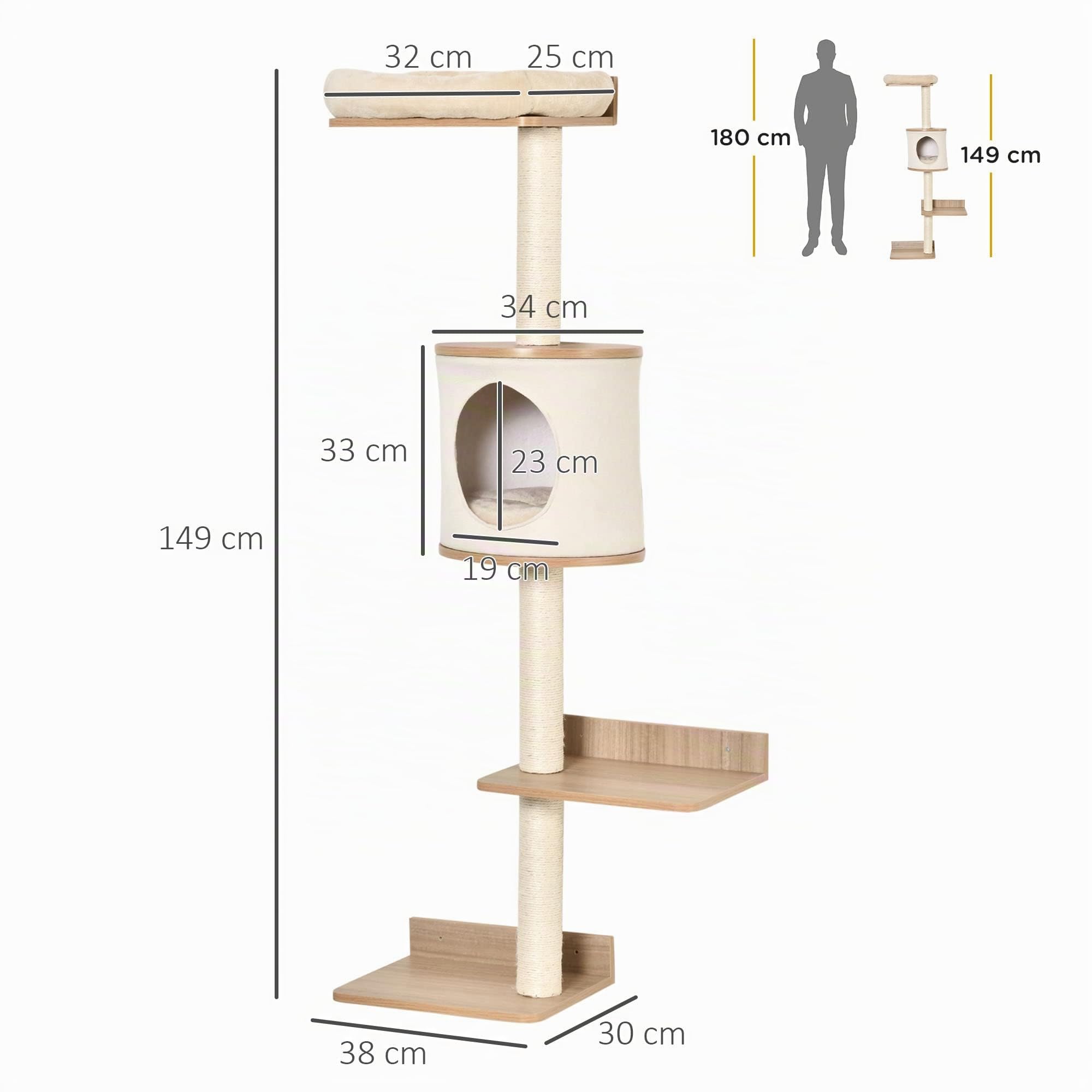 PawHut Árbol para Gatos de Pared 38x30x149 cm Torre Cama Cueva Beige Roble | Múltiples Plataformas de Madera, Cama Superior, Cojín Extraíble, Postes Rascadores de Sisal, Torre para Escalar