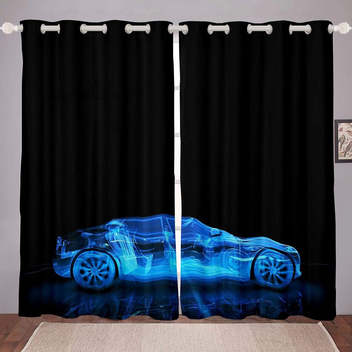 Rideaux de voiture de course bleu paillettes drapés de fenêtre sport extrême 116x182