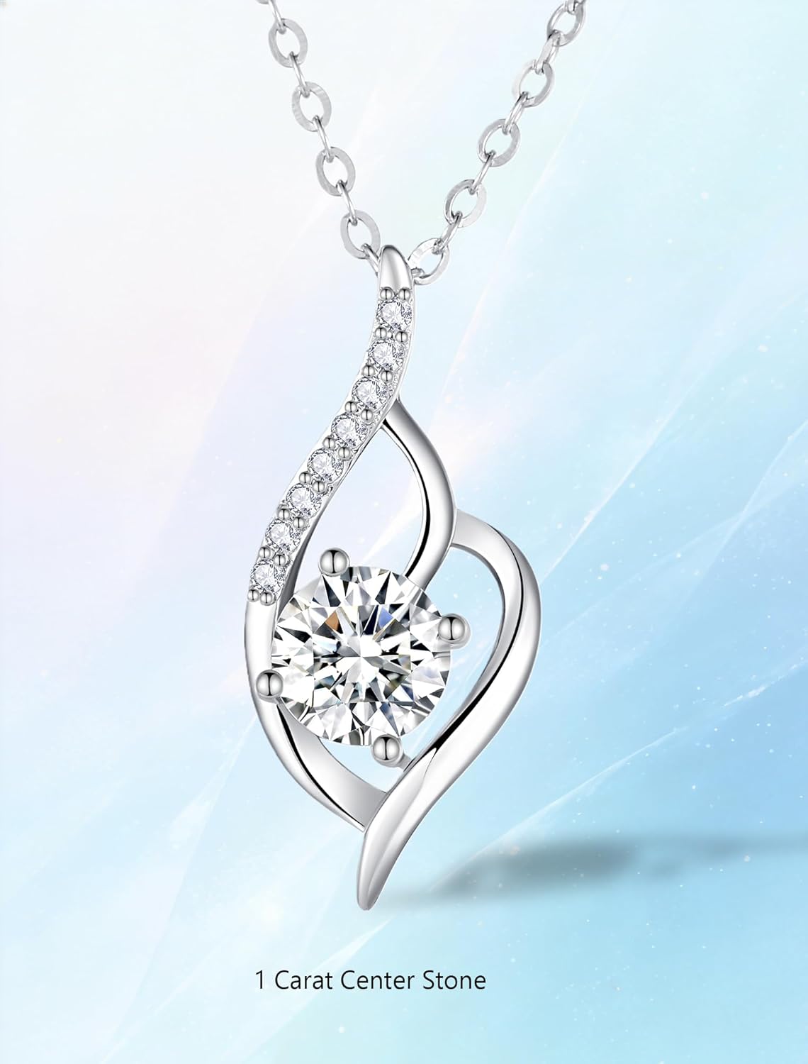 1 Carat Moissanite Necklace for Women, D Color VVS1 Moissanite Solitaire Pendant Necklace, Angel Wing Design in 925 Sterling Silver with 18K White Gold Plated, Hypoallergenic Jewelry for Anniversary Birthday