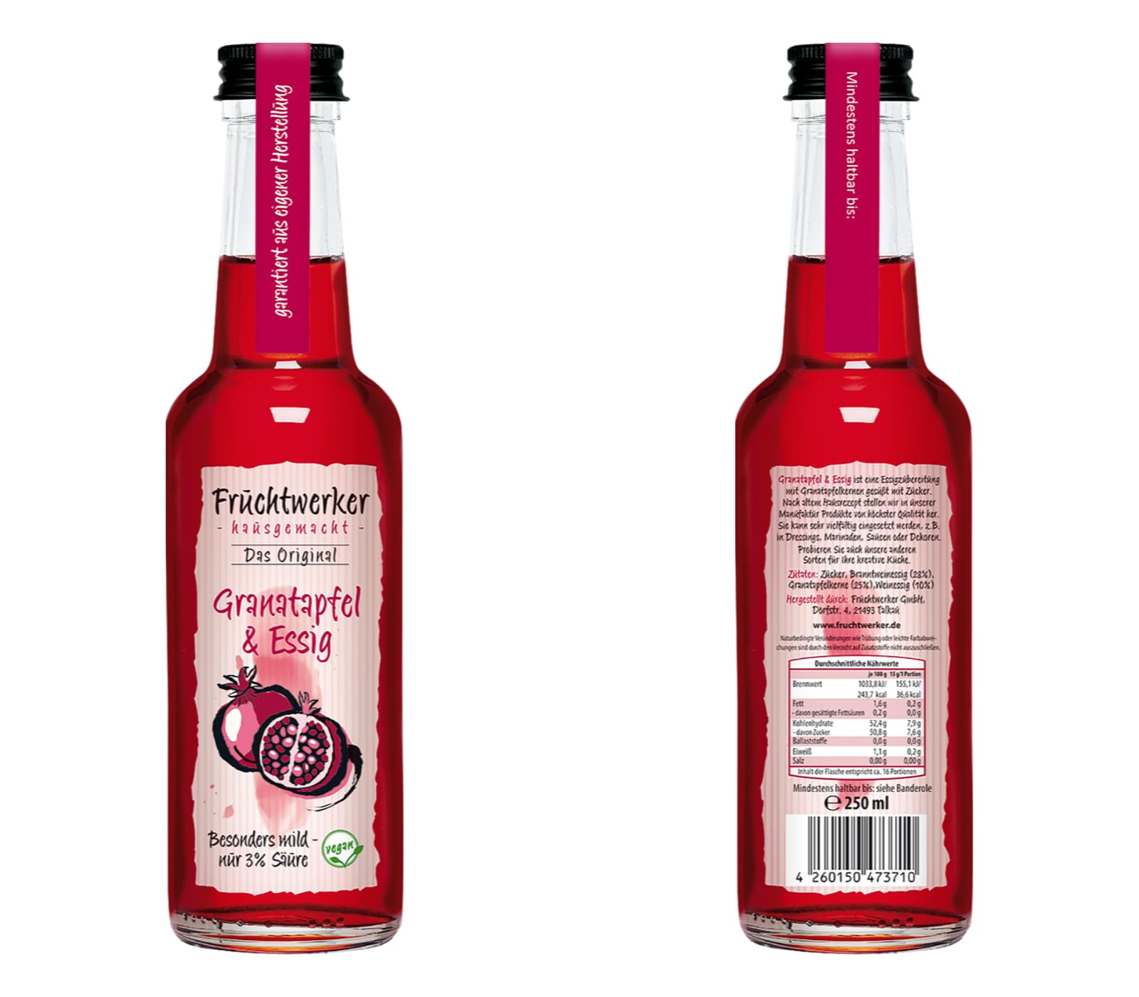 Fruchtwerker Set vinaigre et grenade I Différentes variétés I Fruité I Vinaigre de fruits I Set vinaigre I Pure végétale I Doux I Dans des bouteilles en verre (grenade + framboise + fraise)