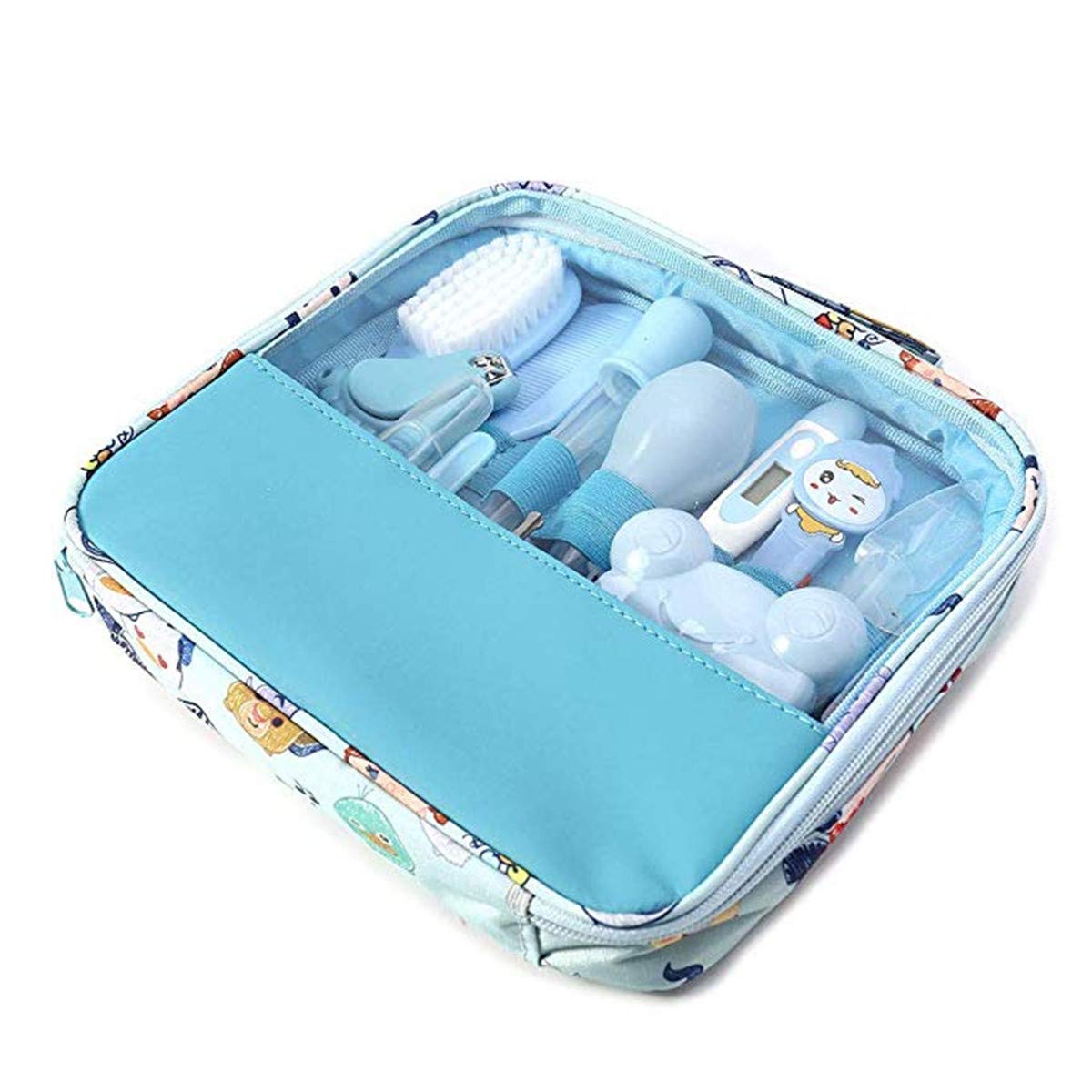 13 pcs/ensemble Kit de soins bébé Infirmière nouveau-né Bébé Clou Cheveux Soins de santé Des gamins Thermomètre Toilettage Brosse Trousse (Blau)
