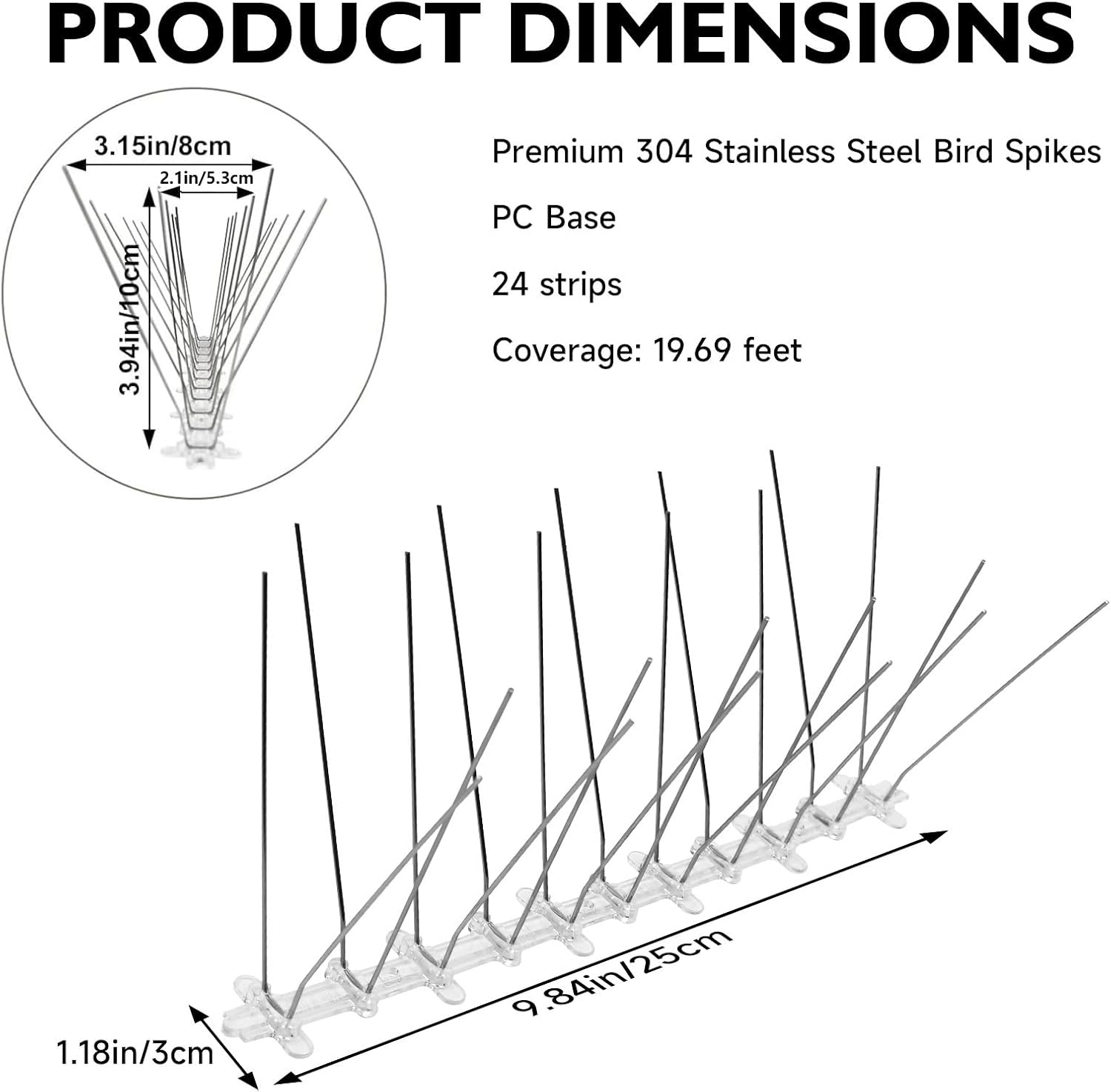 Pre-Assembled Bird Spikes Foldable Stainless Steel Spikes with Polycarbonate Base Pigeon Spikes Fence Kit for Small Bird Crows Woodpeckers (24 Strips 19.69 Feet)