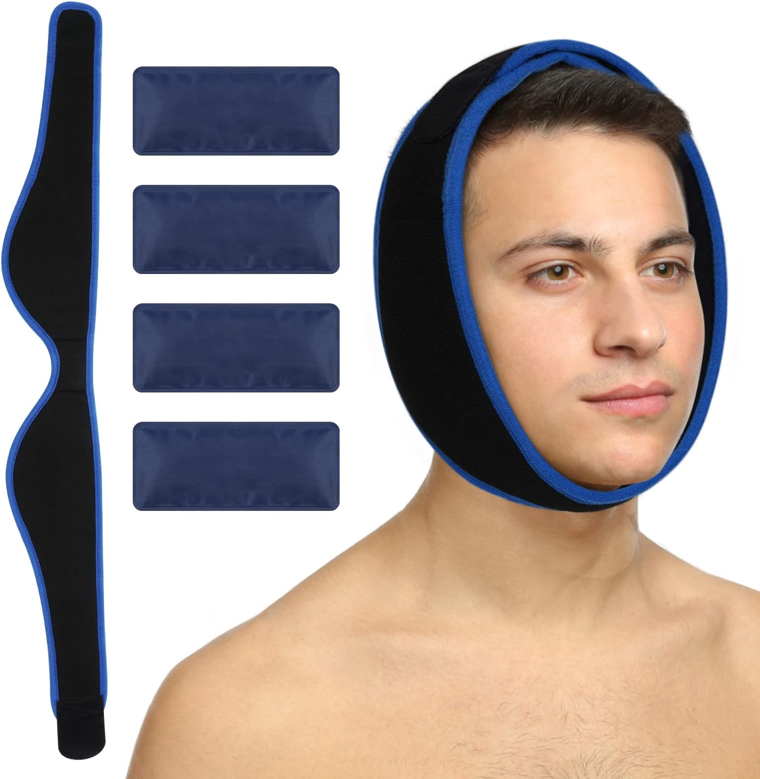 Face Ice Pack, Wisdom Teeth Surgery Ice Pack, TMJ Relief Products, Jaw Surgery Ice Pack– Hot & Cold Therapy for Chin, Headaches, Migraine, Post Surgery Treatment Adjustable Face Wrap with 4 Ice Pack