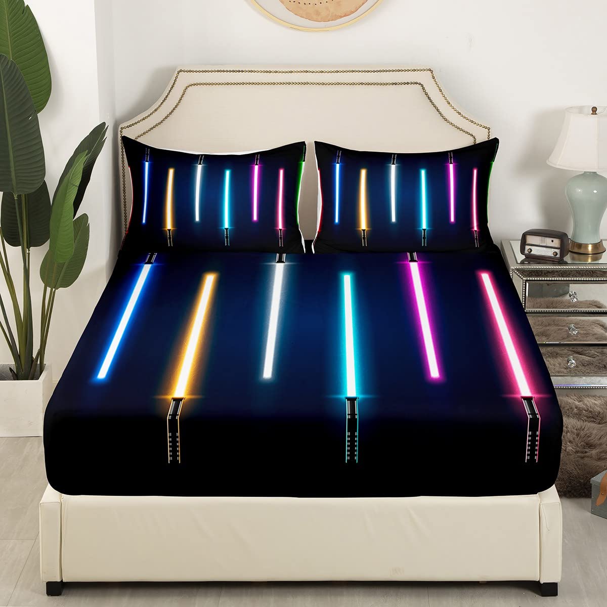 Colorful Lightsaber Fitted Sheet,Twin Size Lightsaber Collections Colorful Neon Theme,Soft Decorative Fabric Bedding Deep Pocket for Children Teens Young Boys Girls,with 1 Pillowcase