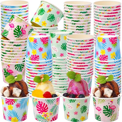 Ninehaoou 200 Pcs 6 oz Hawaiian Ice Cream Cups Flamingo Ice Cream Bowls Bulk Paper Disposable Tropical Dessert Treat Bowls Snack Cups for Summer Birthday Hawaiian Flamingo Party Supply Decoration