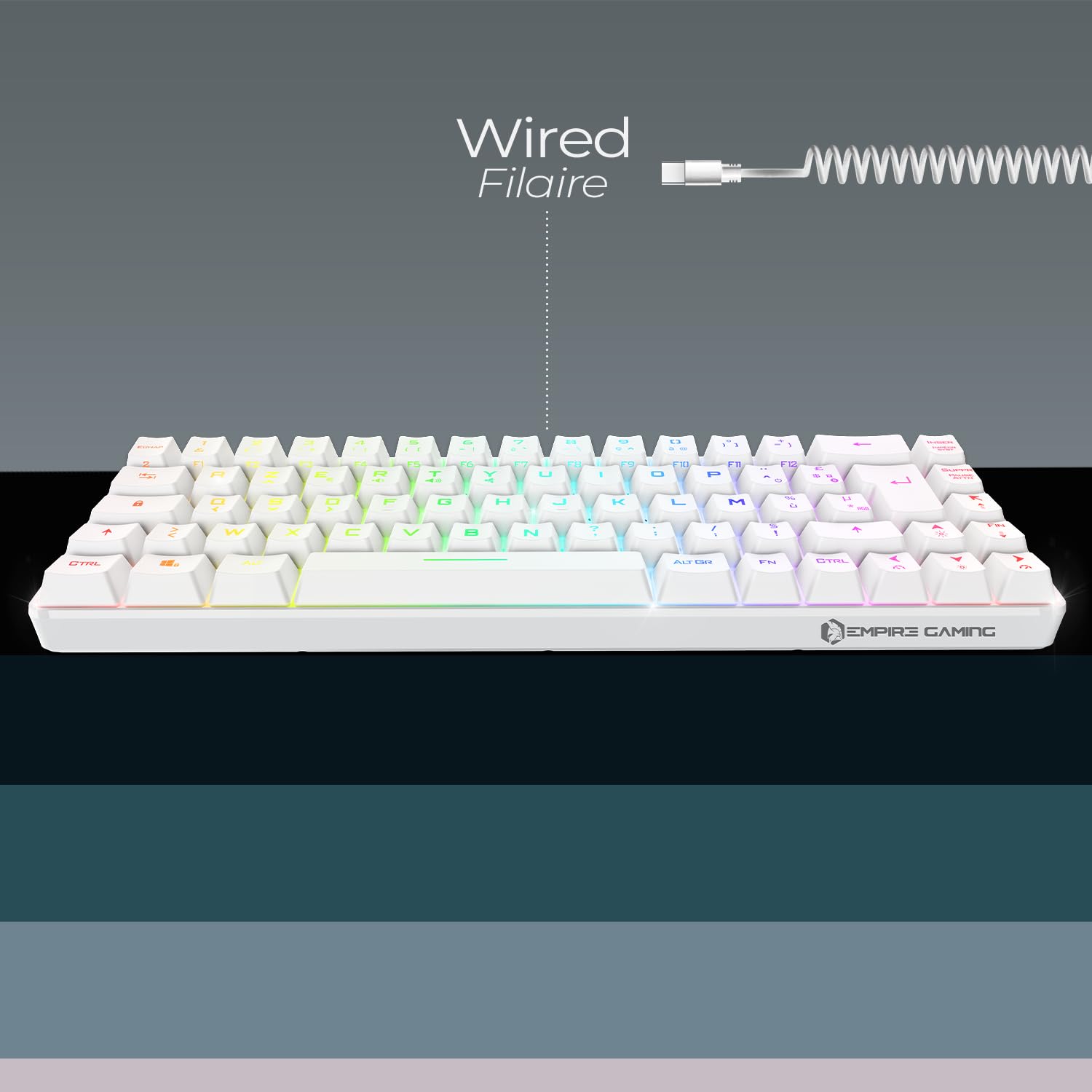 EMPIRE GAMING - K208 Clavier Gamer Filaire TKL Compact (Français AZERTY) 69 Touches RGB - Câble USB Type C détachable Plug & Play - PC/PS4/PS5/Xbox - 23 Touches Anti-Ghosting (Blanc)