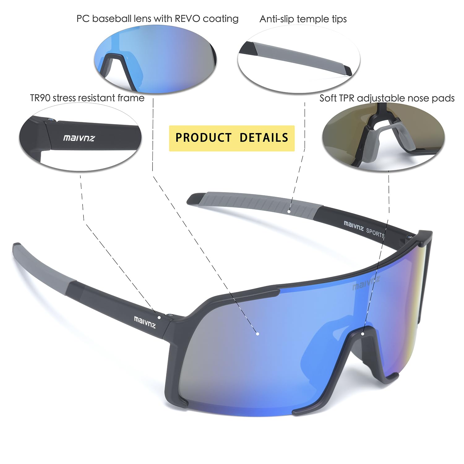 maivnz Okulary przeciwsłoneczne baseballowe dla mężczyzn i kobiet, lekkie, ochrona UV400, okulary sportowe do jazdy na rowerze, biegania, golfa, softballu, roweru