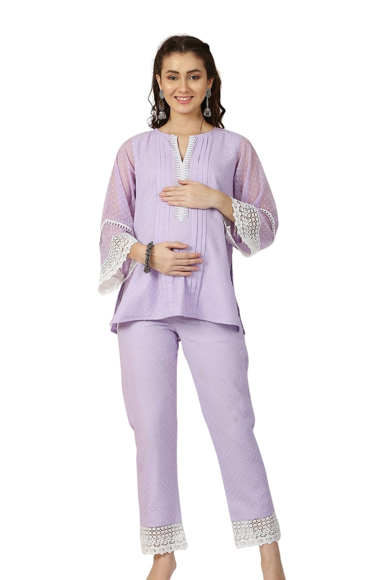Premium Royal Lavender Maternity Pintucks Coord Set for Women, 2 Piece Pregnancy & Nursing Outfit-image-28