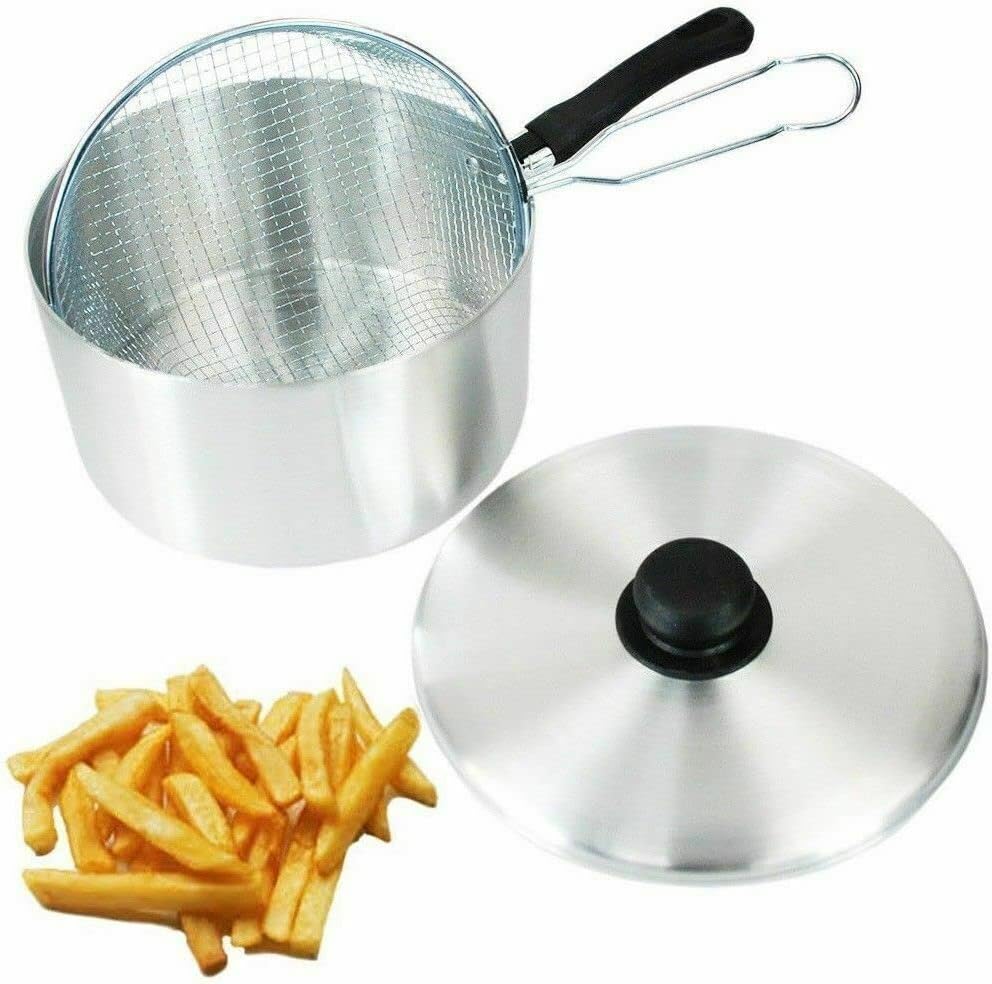 DURABLE Silver Non Stick Chip Pan 22cm 9" FAMILY SIZE Deep Fat Fryer Cooking Pot Frying with Lid