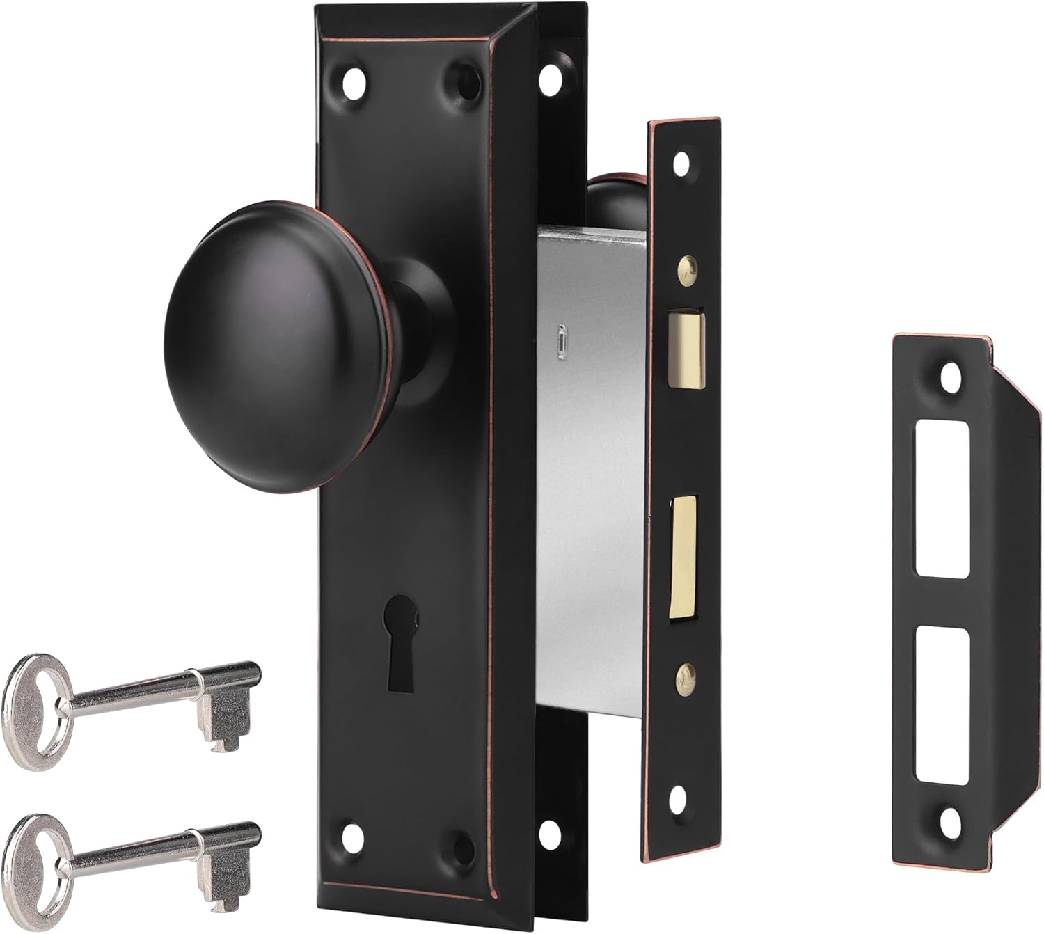 FORTSTRONG Mortise Lock Set - Complete Vintage Door Knob Replacement Kit Includes 2 Facia, 2 Keys, and 12 Screws - Antique Style Mortise Locks - for Interior Doors or Outside Use