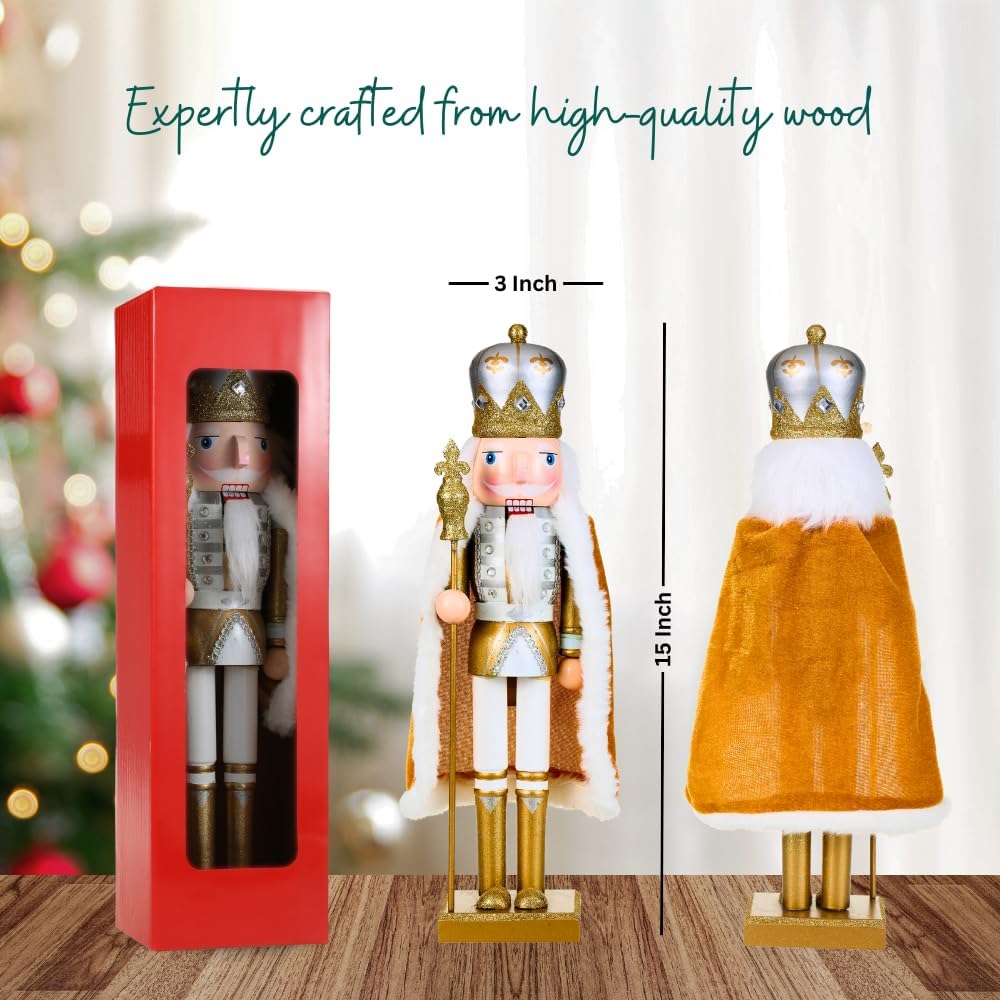 15 Inch Traditional Wooden Nutcracker Soldier Figures, Festive Christmas Decor for Home Shelves Tables Countertop Fireplace and Gift (Red Cape & Staff)