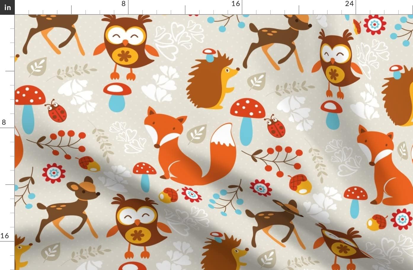 Spoonflower Fabric - Woodland Creatures, Fox, Deer, Hedgehog, Mushroom, Owl, Orange, Brown Printed on Organic Cotton Sateen Fabric by The Yard - Sewing Quilting Apparel Home Decor