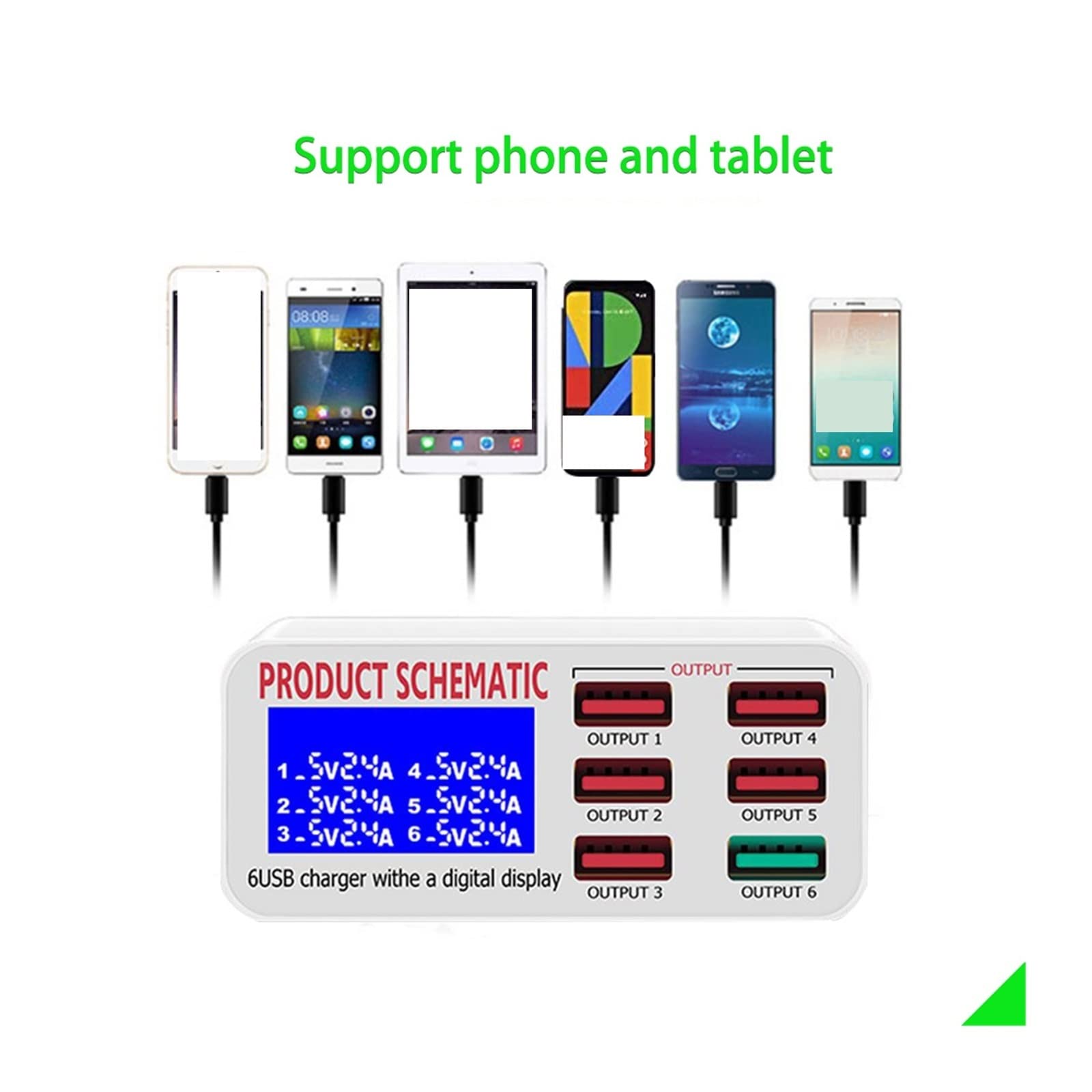 Stacja ładowania, Stacja ładująca USB z wyświetlaczem LCD 6 portów stacjonarna ładowarka do telefonu komórkowego inteligentne szybkie ładowanie do smartfonów Tablet PC(896 5USB QC3.0)
