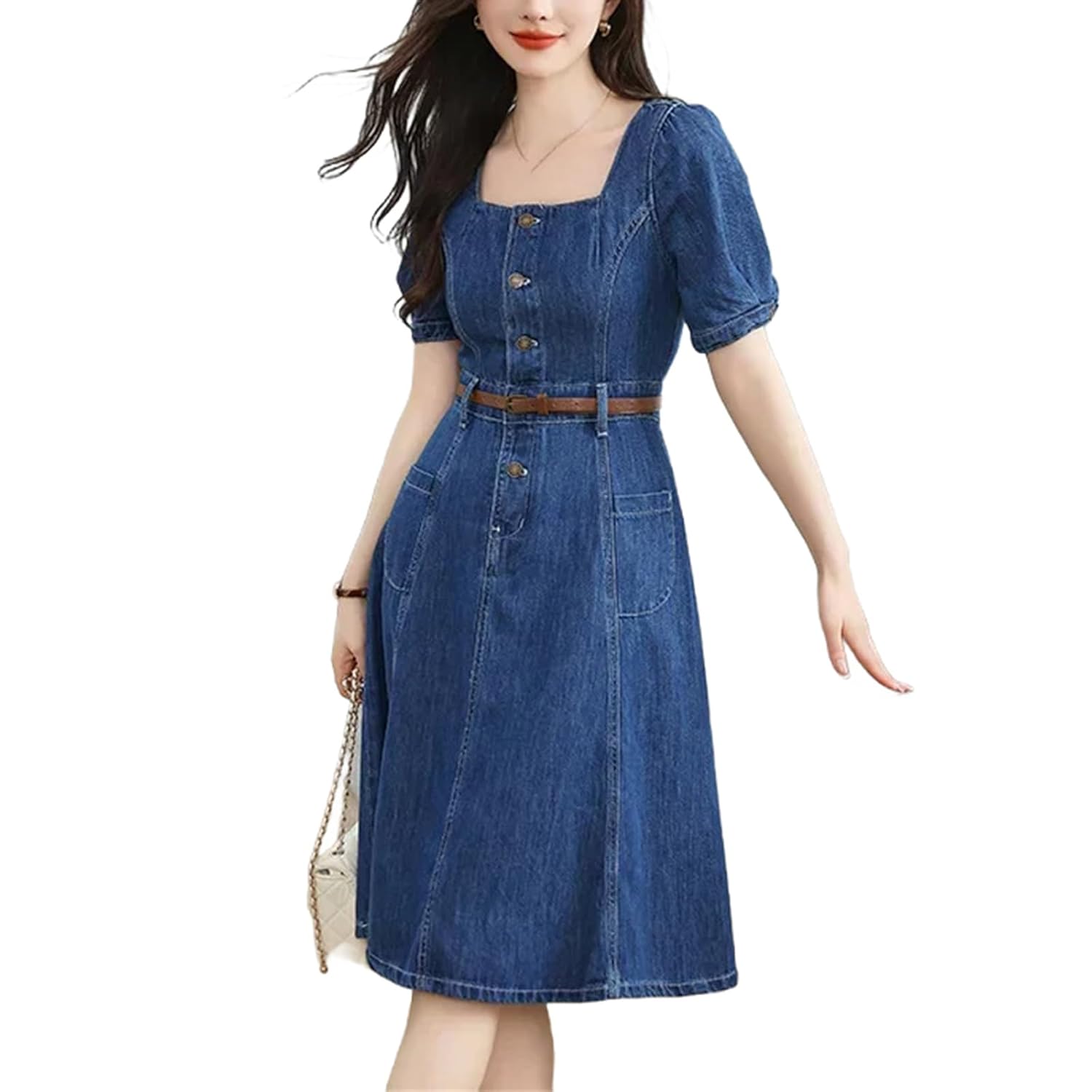 Square Collar Denim Dress Women Vintage Waist Cinched Bubble Sleeve Knee Length Jean Skirt