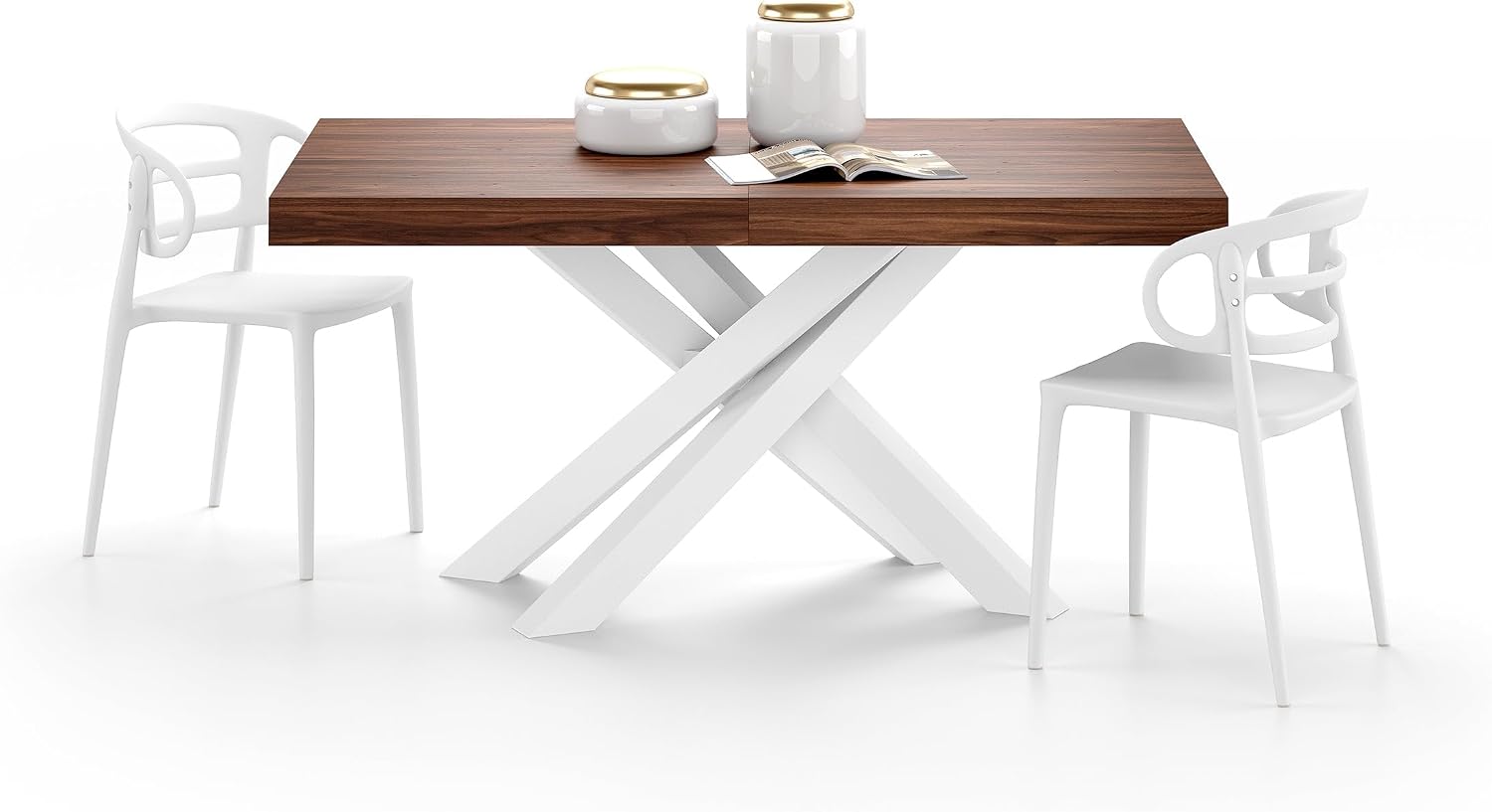 Mobili Fiver, Emma 63(94.5) x35.4 in Extendable Table, Canaletto Walnut with White Crossed Legs, for 6-10 People, Expandable Dining Table for Kitchen, Living Room, Italian Furniture