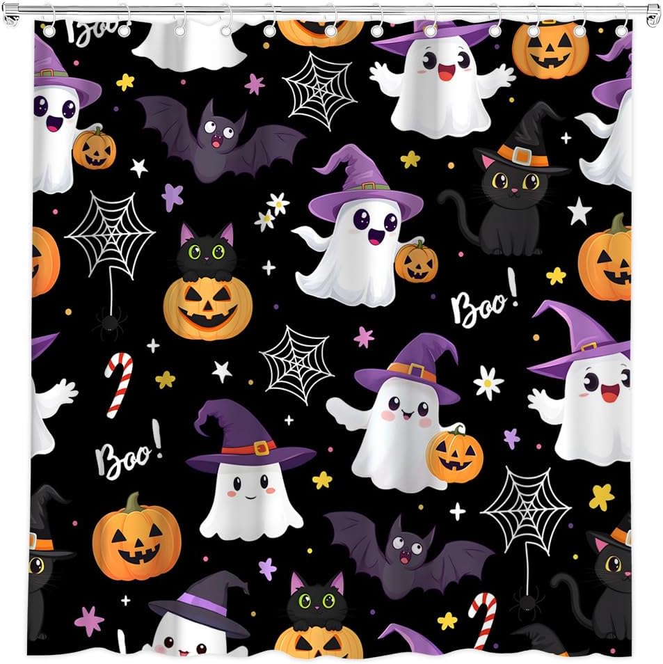 Halloween Shower Curtain Cute Ghost Spooky Pumpkin Black Cat Spider Web Funny Bat Star Candy Lovely Animal Cartoon Bath Curtain Fabric Bathroom Accessories Decor with Hooks 70W x90L