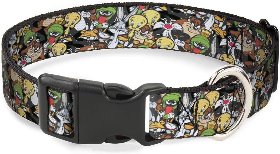 Dog Collar Plastic Clip Looney Tunes 6 Character Stacked Collage4 13 to 18 Inches 1.5 Inch Wide