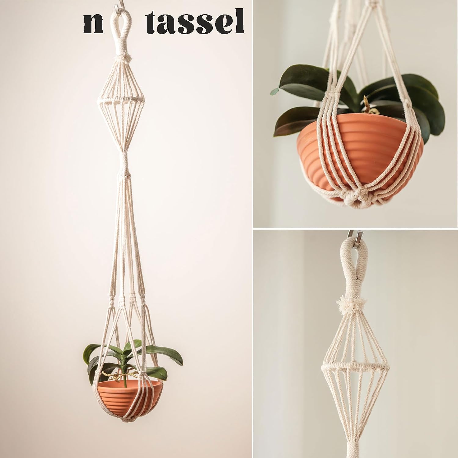 Hourglass Floating Macrame Plant Hangers 2 Pack Handmade Cotton Rope Hanging Planters Basket with S Hooks, Diamond Openwork Boho Home Decor for Indoor Outdoor, Plants Holder 35" & 39” (White) image 3