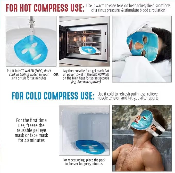 Reusable Gel Face Mask, Hot Cold Compress Pack, Blue, Non-Toxic Gel Material, for Facial Puffiness, Dark Circles, Headaches, Stress Relief, Spa Treatment