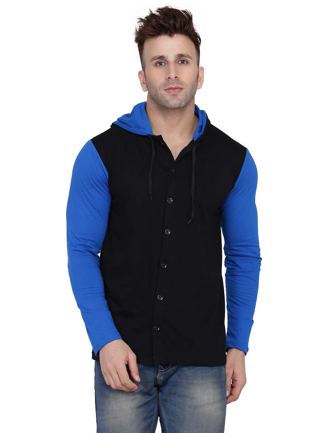 Men’s Full Sleeve Hooded T-Shirt with Button-Down Front | Casual Slim Fit Cotton Shirt-Style Tee
