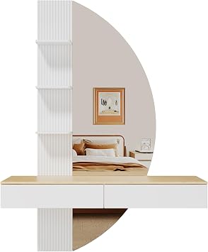 TRIUMPHKEY Wall Dressing Table with LED Lighting & Large HD Mirror - Floating Dressing Table with Drawers Touch Dimmer 3 Light Colours White