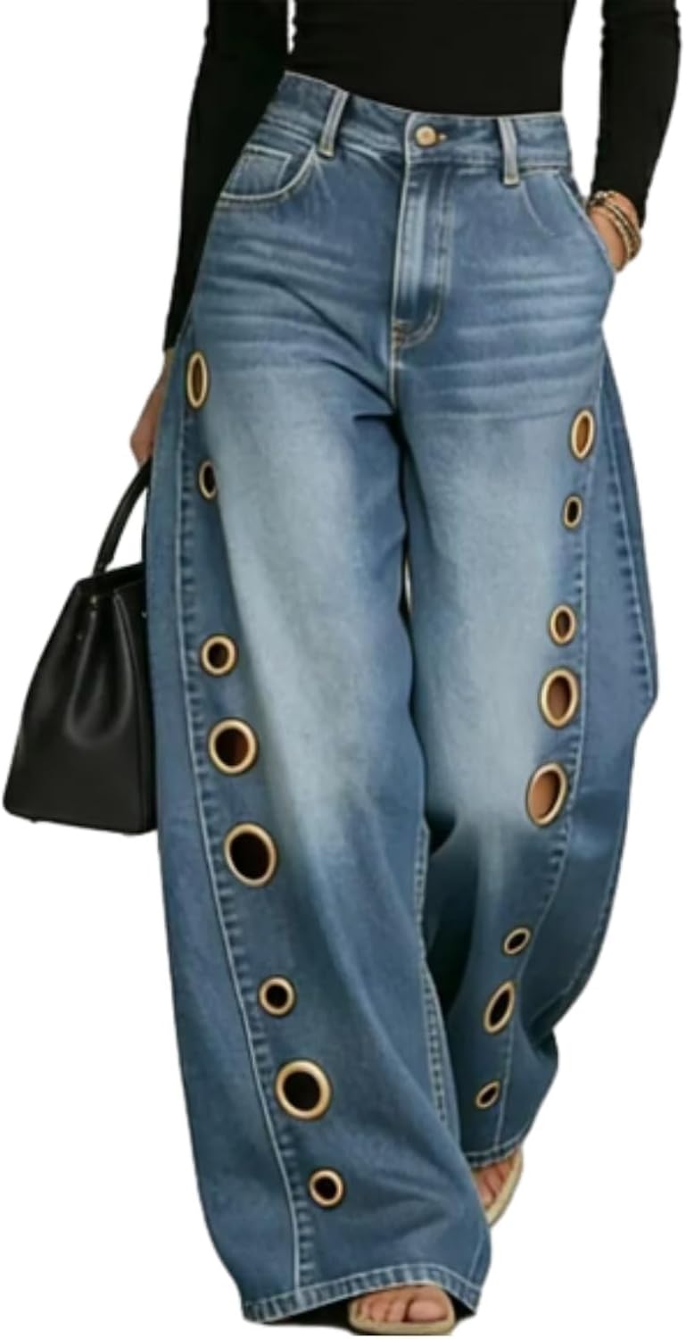 Women's High Waisted Wide Leg Jeans, 2026 Trendy Eyelet Cutout Grommet Washed Denim Pants, Baggy Hollow Out Trousers