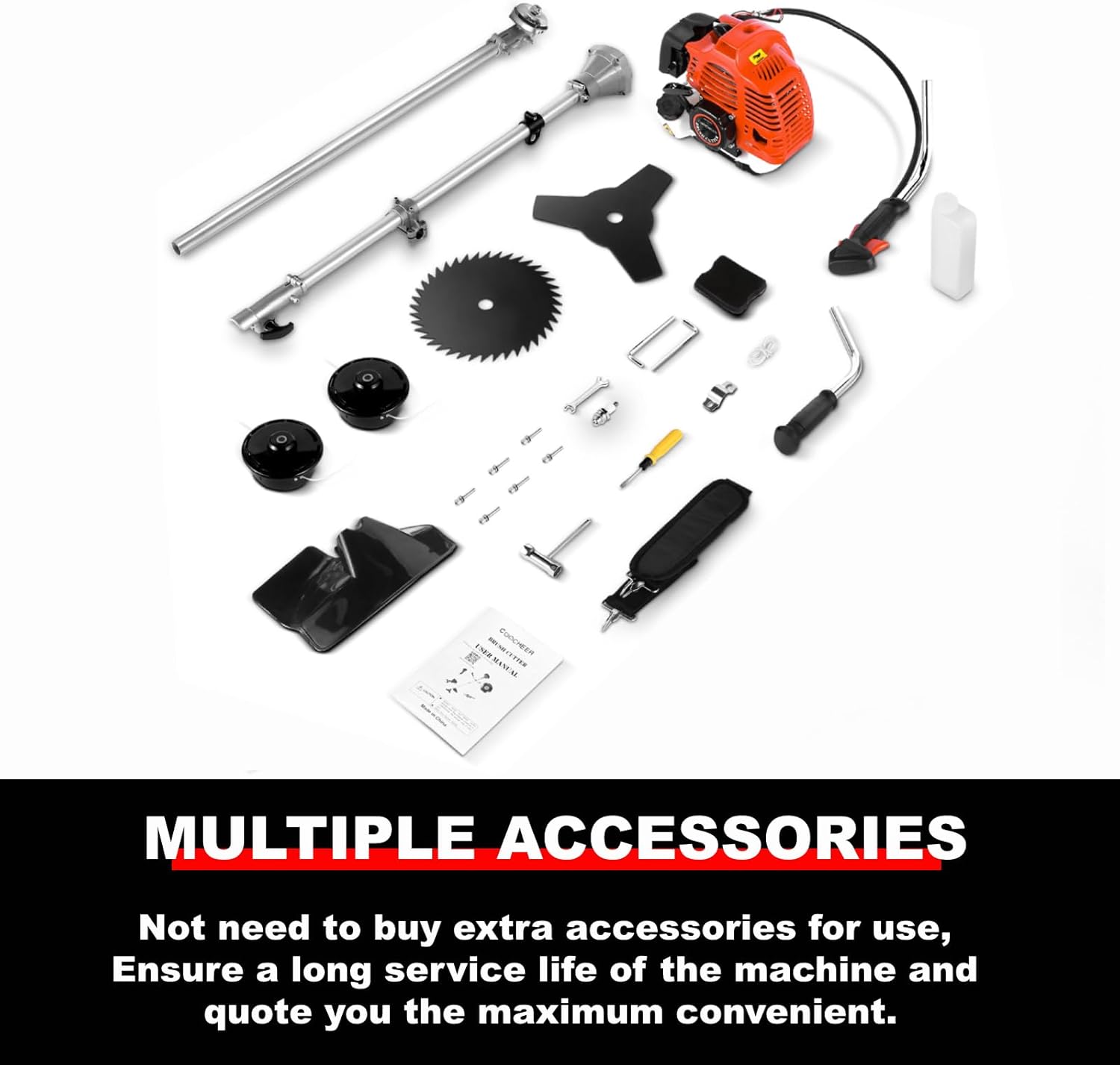 COOCHEER 58cc Gas Weed Eater 4 in 1 Gas Powered Weed Wacker 18.5" Cutting Path 2-Cycle Brush Cutter with 4 Detachable Heads Straight Shaft Weed Trimmer Grass Cutter for Grass and Weeds (Red)